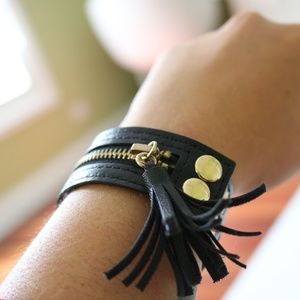 Black Leather Zipper Cuff Bracelet